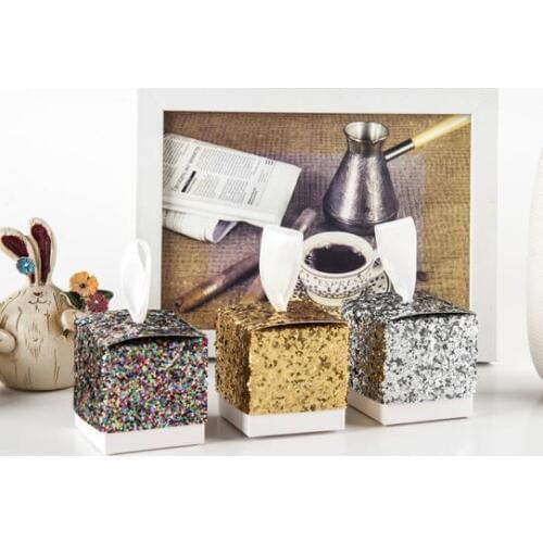 Golden silver glitter gift candy box birthday party wedding papercard bling bling favor boxes with white ribbon 5X5cm