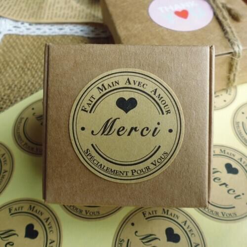 120Pcs French Merci Love Heart Handmade Cake Packaging Sealing Label Kraft Sticker Baking Stickers