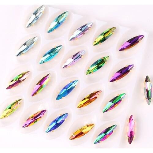 Slim Navette shape Gold claw settings 50pcs/pack Rainbow & jelly candy AB glass Crystal 4*15mm Sew on rhinestone applique diy