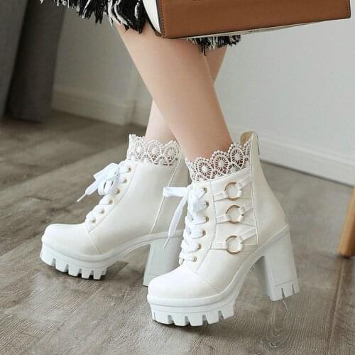 IPPEUM Chunky Block High Heel Punk Boots Women Winter Wedding Shoes Lace Ruffles Buckle Biker Combat Goth Black White ботинки