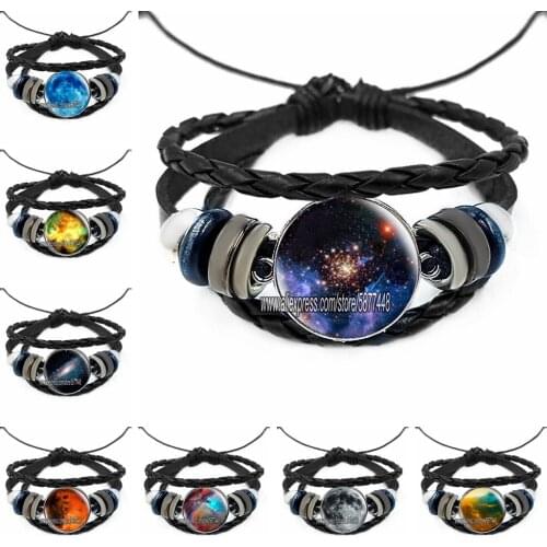 Galaxy Astronomy Leather Bracelets Nebula Art Glass Black Charm Multi Layers Weave Handmade Punk Charm Bracelets for Men