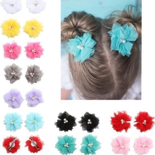 2Pcs/Set New Baby Hair Chiffon Pearl Hair Clips DIY Flower Handmade Hairpins Elastic Hairclip Hairbow Children Hair Accessories
