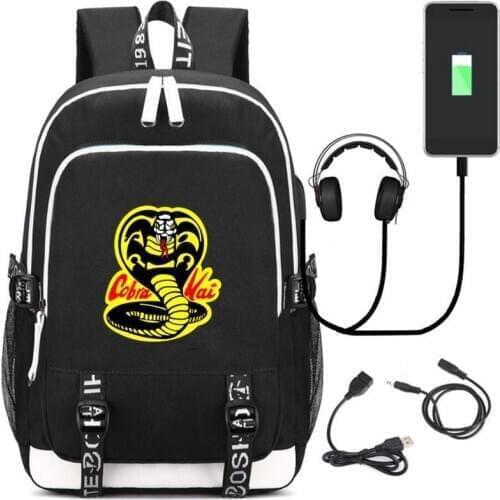 Cobra Kai Karate Kid Saga Continue Backpack teenagers School Bags multifunction USB charging Headphone Unisex Travel Rucksack