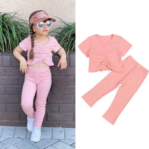 FOCUSNORM 2pcs Summer Lovely Kids Girls Clothes Sets 0-5Y Solid Short Sleeve T Shirts Tops Elastic High Waist Pants