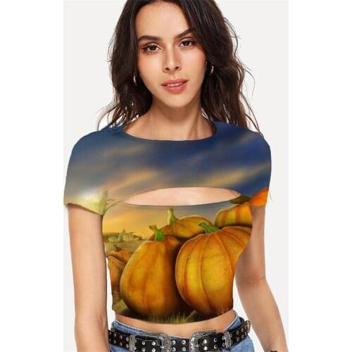 Somepet Pumpkin T-shirt Women Halloween Navel Bare Moon T-shirts 3d Harajuku Tshirt Printed Womens Clothing Hip Hop Short