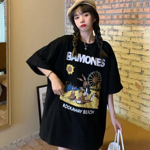 Cartoon Letter Print Loose Tshirt Womens T-shirts Tops Japanese Kawaii Ladies Ulzzang Female Korean Harajuku Clothes For Women