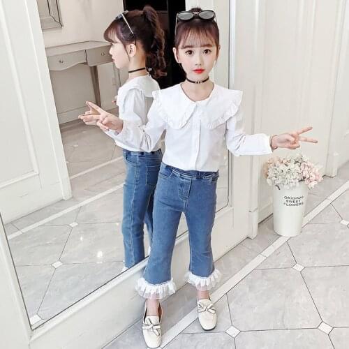 Teens Clothing Set Baby Girls Outfits Fashionable White Shirt + Jeans Solid Color Two-Pieces Casual Childrens Clothes 4-13Years