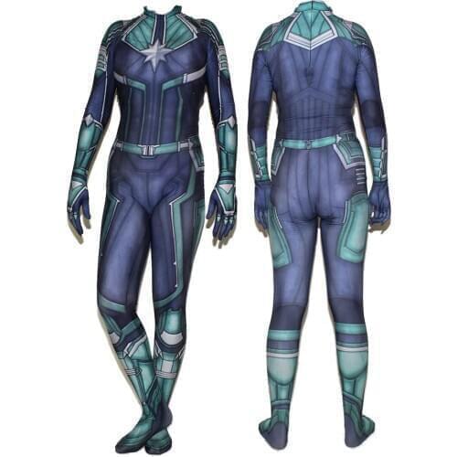 Kids Adults Captain Ms. Carol Danvers Cosplay Costume Halloween Superhero Bodysuit Party Suit Green Zentai Catsuit