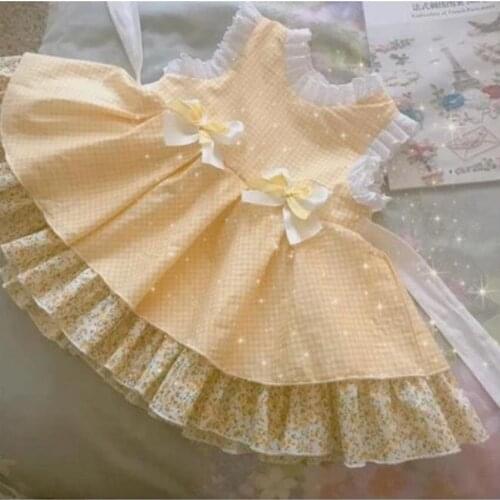 Baby Girl Summer Sleeveless Yellow Plaid Heart Shape Vintage Spanish England Turkey Princess Ball Gown Dress