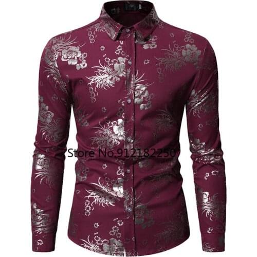 Fashion Bronzing Floral Nightclub Shirt Men Camisas Hombre 2021 Brand Slim Fit Long Sleeve Mens Dress Shirts Business Chemise