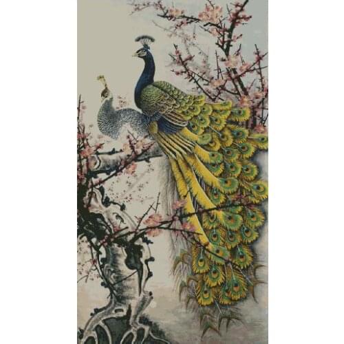 Plum Blossom and Peacock Flowers Cross Stitch Kits Needlework 14CT Unprinted Embroidered Top Quality DIY Handmade Decoration