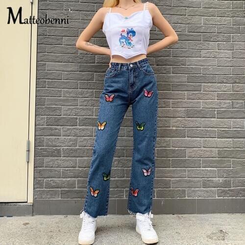 2020 New Casual Butterfly Embroidery Straight Jeans Streetwear High Waist Slim Denim Trousers Women Autumn Pocket Fashion Pants