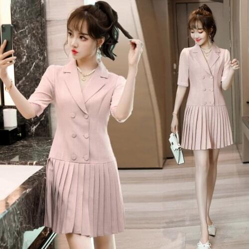 IZICFLY New Summer Style Folds Ruffles Pink Korean Dress For Women Office Slim Career Business Casual Work Wear