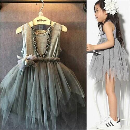 Pudcoco New Fashion Girls Dress Kids Vintage Gray Sleeveless Tulle Kids Solid Party Dress