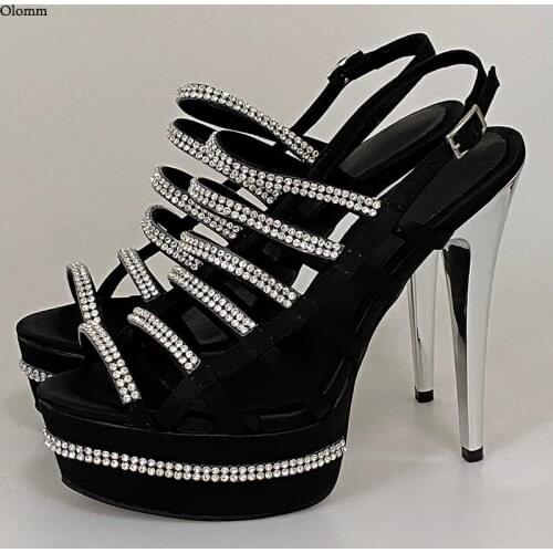 Olomm 2021 Women Platform Sandals Sexy Shiny Rhinestone Stiletto Heels Open Toe Black Night Club Shoes Women US Plus Size 5-15