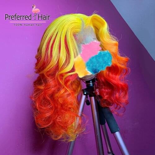 Preferred Pre Plucked Yellow Red Ombre Human Hair Wig Brazilian Remy 13x4 Lace Front Wig Transparent Lace Bob Wig for Women