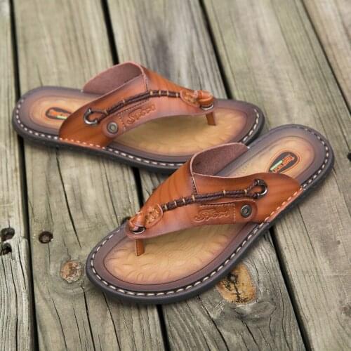 Handmade leather slippers Summer Fashion Men Flip Flops outdoor slippers Breathable Comfortable Men Flip-Flops Big Size 47 ZZ170