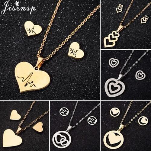 Jisensp Stainless Steel Jewelry Sets for Women Gold Love Heart Pendants Necklaces Earrings Set Minimalist Jewelry Lover Gift
