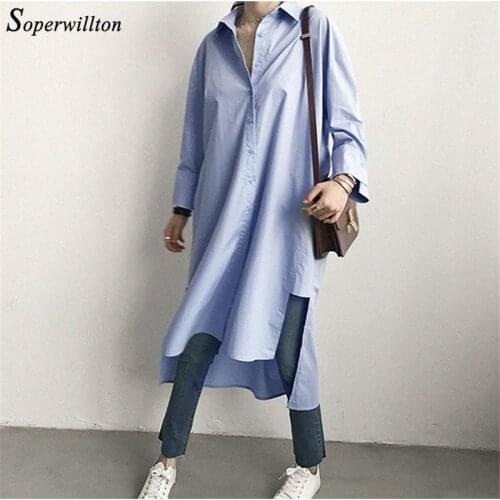 Autumn High Street Long Blouse White Blue Loose slit Women Blouses Shirts Female Chic Long Shirt Plus Size button Tops blusas