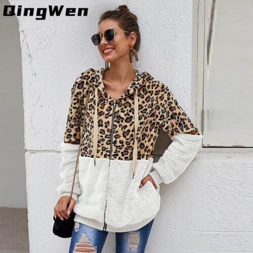 QingWen Autumn Winter New Hooded Long Sleeve Warm Fleece Womens Leopard Stitching Plus Jacket Top 2021 Parkas casaco feminino
