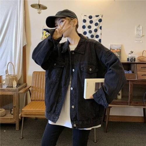 Vintage Washed Black Denim Jacket Autumn 2021 Women Loose Korean Lapel Long Sleeve Chaqueta Mujer Casual Female Jeans Outerwear