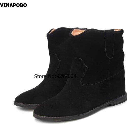 Genuine Leather Womens Chelsea Boots Slip-on Round Toe Suede Leather Western Boot Woman low Increased Heel Women Boots British