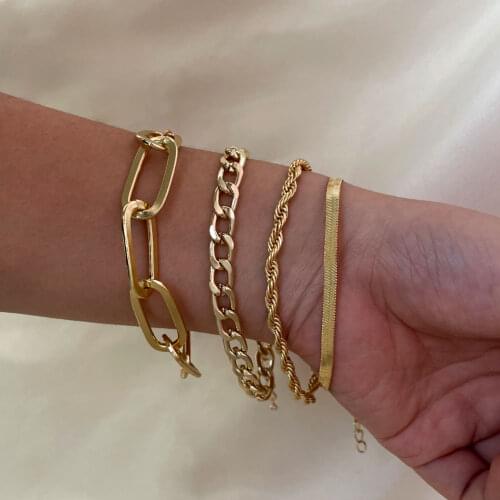 Flatfoosie 4pcs Punk Curb Cuban Chain Chunky Bracelets Set for Women Miami Boho Metal Snake Chain Thick Charm Bangles Jewelry