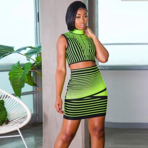 SKMY Two Piece Set Women Turtleneck Vest Sleeveless Striped Printed Crop Top Mini Skirt Dress Suits OL Sexy Club Outfit