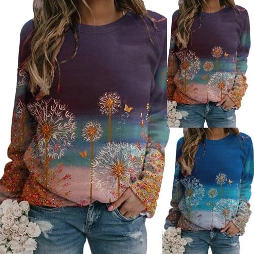 Winter womens pullover sweater hot dandelion print long-sleeved casual plus velvet pullover sweater hot sell худи оверсайз 50