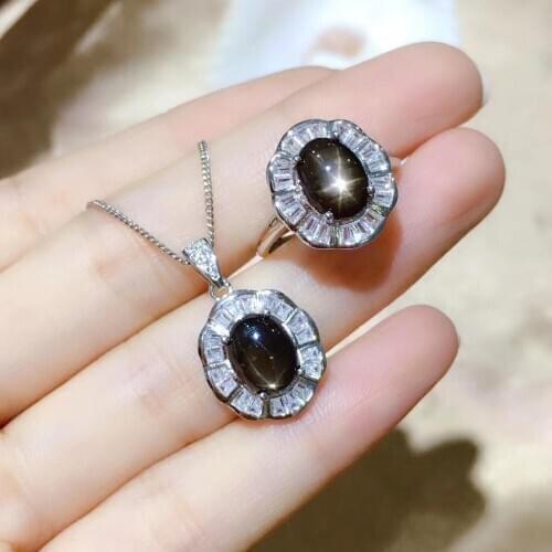 Natural black Star Sapphire ring Pendant Natural Gemstone Jewelry Set S925 Silver fashion round Sun flower Women party gift jew