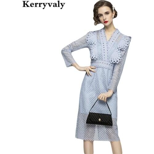 Spring Blue V-neck Dot Lace Dresses Women Hollow Out Long Sleeve Midi Party Birthday Dress Kleider Damen Streetwear K8140