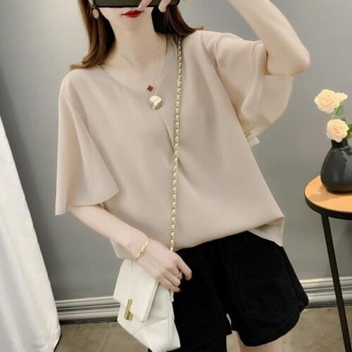 Women Lotus Sleeve Summer Style Solid Color Chiffon Casual Blouses Shirts O-Neck Fashion Tops Blusas All-Match MM0167