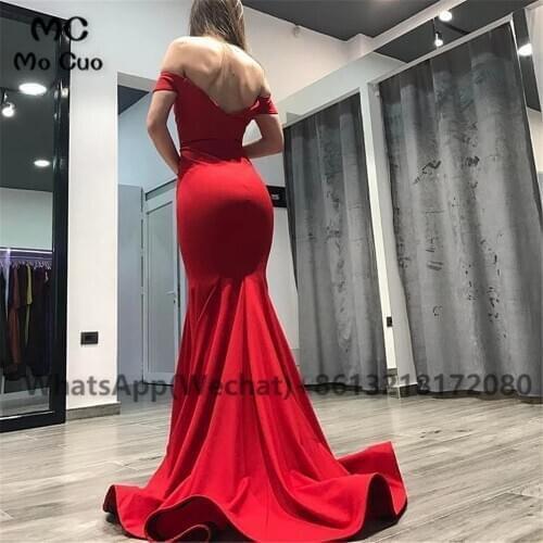 Red Fashion 2021 Off Shoulder Mermaid Evening Prom Dresses Short Sleeves Elastic Satin Womens Evening Prom Dress Customized