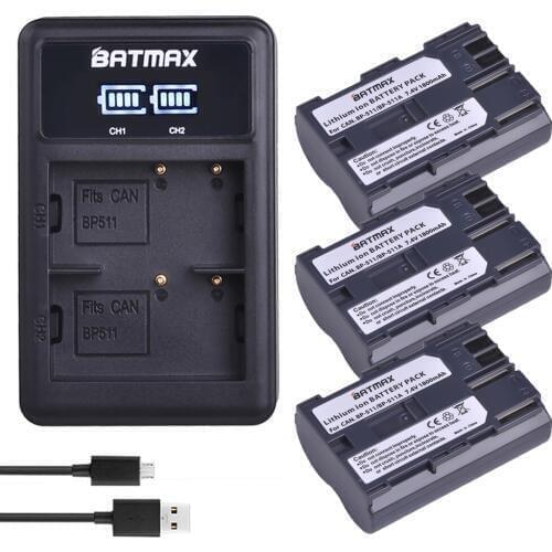 3Pcs BP-511 BP 511 BP511 BP511A BP-511A Camera Battery + LED Dual USB Charger for Canon EOS 40D 300D 5D 20D 30D 50D Cameras