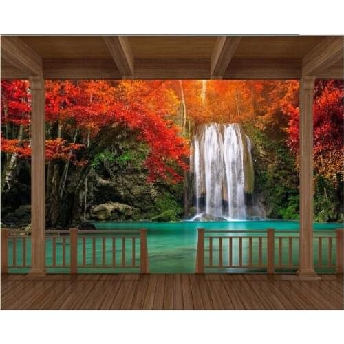 Beibehang HD Wooden Frame Red Maple Leaf Waterfall Photo Wallpaper Customize any size large fresco papel de parede 3d wallpaper