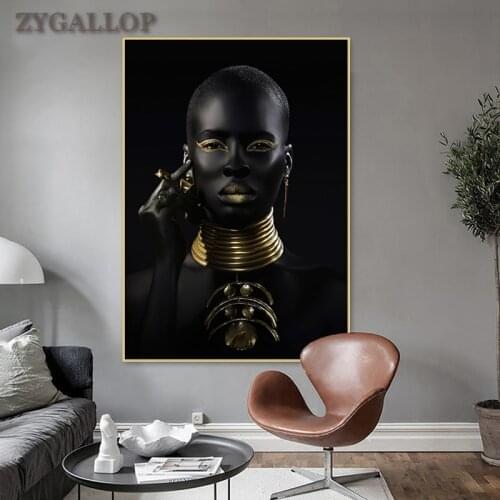 Black and Gold African Woman Canvas Painting Modern Black Woman Poster Prints Decorative Pictures Home Decor Wall Art Paintings