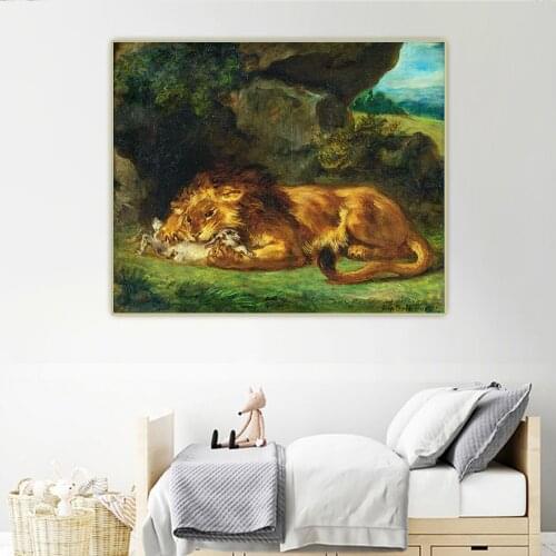 Citon Eugene Delacroix《Lion Devouring a Rabbit》Canvas Oil Painting Artwork Poster Picture Wall Background Decor Home Decoration