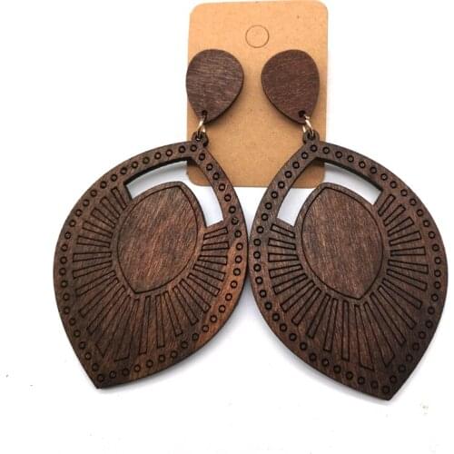 Brown color Engraved stud wooden earrings