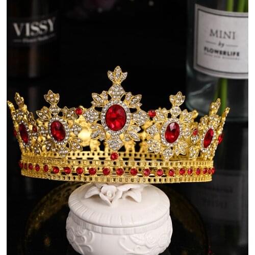 New design Big Round Tiaras And Crowns Gold Red Crystal Diadem For Queen Princess King Bridal Wedding Hair Accessories Headpiece