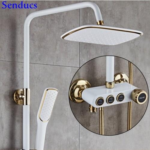 Senducs White Gold Bath Shower Set Intelligent Bathroom Shower System with Top Quality Solid Brass Bathroom White Shower Set