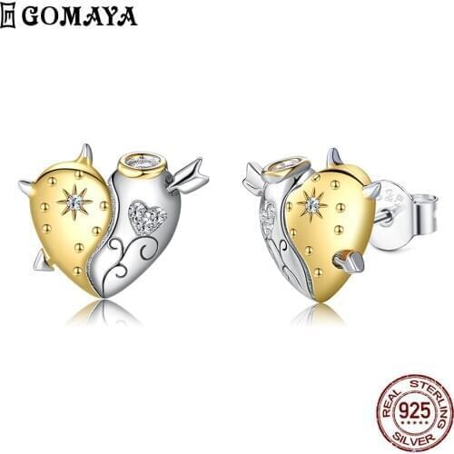 GOMAYA 925 Sterling Silver Stud Earrings Cubic Zirconia Cute Angel And Demon Heart Earring For Women Anniversary Fine Jewelry