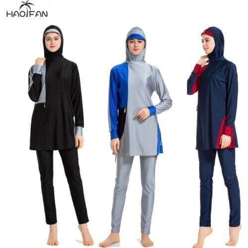 HAOFAN Burkini 2020 Long Sleeve Muslimah Women Two-piece Swim Surf Wear Sport Bikini Islamic Swimwear Muslim Hijab Swimsuit