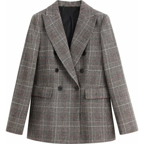 Nice Vintage Woman Grey Plaid Patchwork Blazer Coat New Spring Vogue Office Ladies Basic Booton Jackets Female Elegant Coats