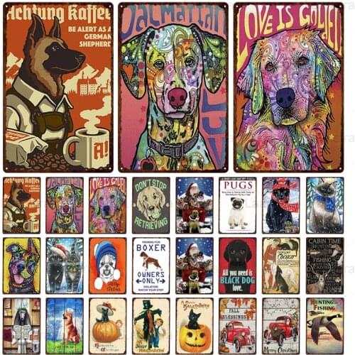 Metal Plaque Cat & Dog Tin Sign Vintage Poster Holiday Theme Christmas Easter Halloween Wall Decor Bar Cafe Club House Decor