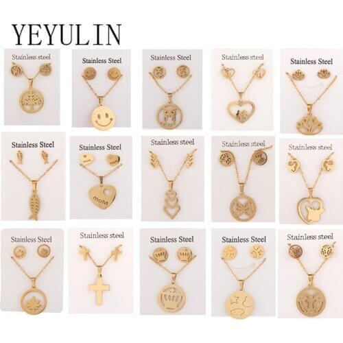 New Animal Heart Owl Stainless Steel Pendant Necklace Jewelry Sets For Women Cross Gold Color Chain Necklace Earrings Jewelry