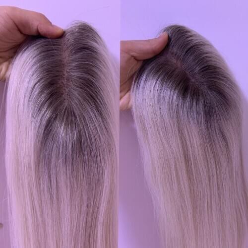 8-20" Ombre Blonde 4T613 color Human Hair Topper Wig For Women 12*15 Lace +Weft Base Hairline With Clip In Hair Toupee Remy Hair