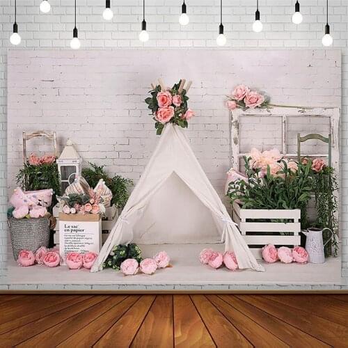 Cake Smash Backdrops Girl Birthday Party Decor Pink Flowers White Brick Wall Tent Baby Photography Background Photo Studio Props