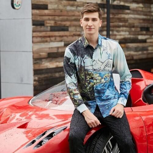 Luxury brand Street Retro Fashion style youth Men shirts Printing Homme Chemises Casual Slim Long-Sleeve Shirts male Top