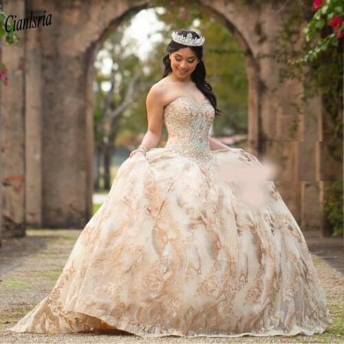 Champagne Sweetheart Sleeveless Ball Gown Quinceanera Dresses Beading Crystal Appliques Lace Sweet 16 Dress Prom Party Dress