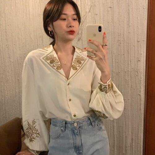 Vintage Floral Embroidery Blusas Mujer Elegant Women Blouses And Tops Autumn Short 2021 Ladies Shirts Chemisier Femme